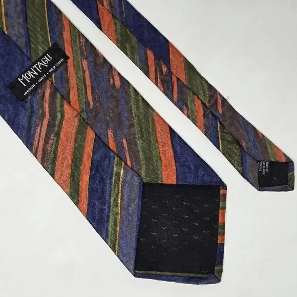 MONTAGU USA SILK TIE ORANGE BLUE GREEN WATERCOLOR STRIPE SATIN 3.75" X 55" - Picture 2 of 2